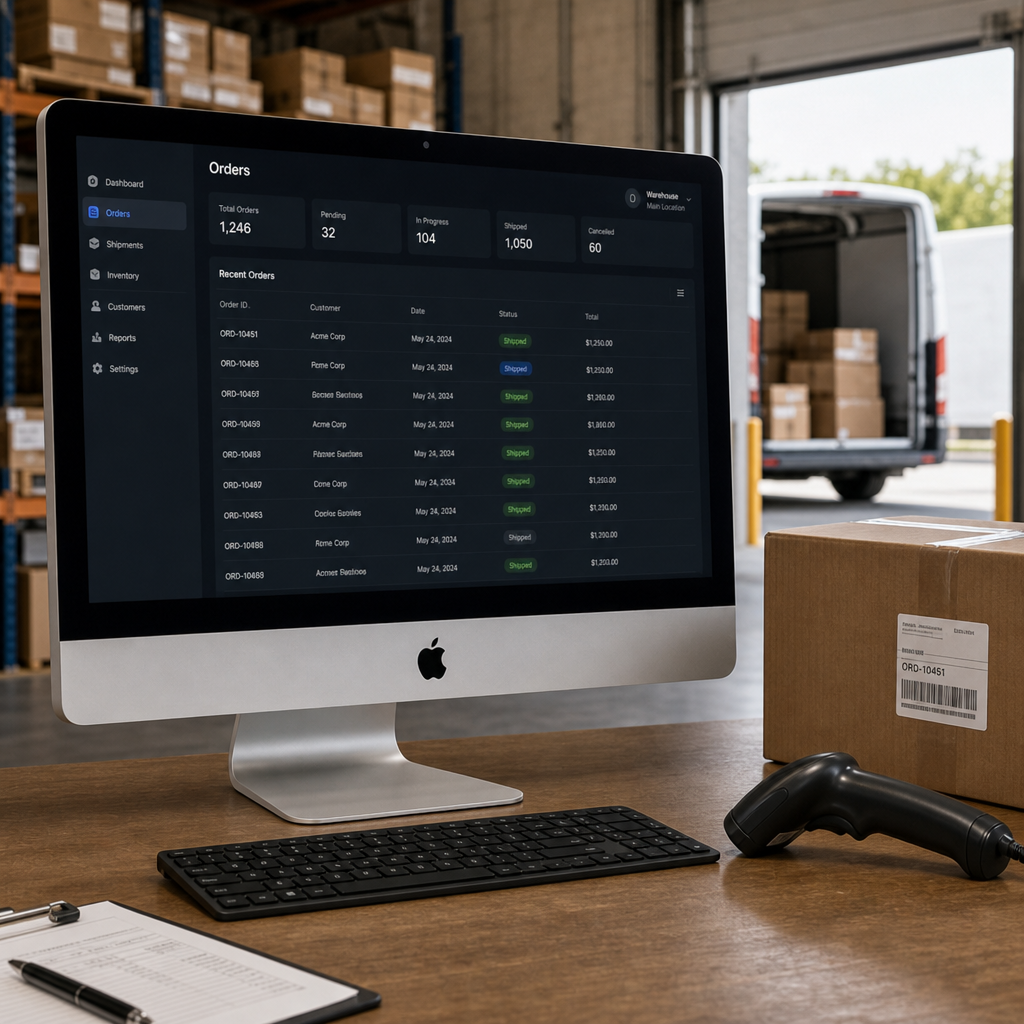 Automated warehouse fulfillment with robots, packed orders, and live operations dashboard